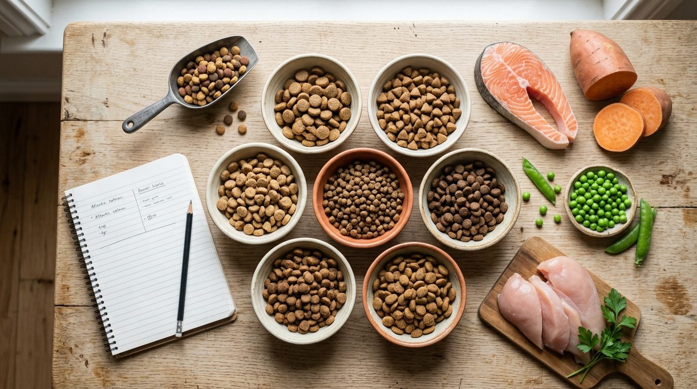 Plusieurs bols de croquettes entourés de saumon, poulet, petits pois et patate douce