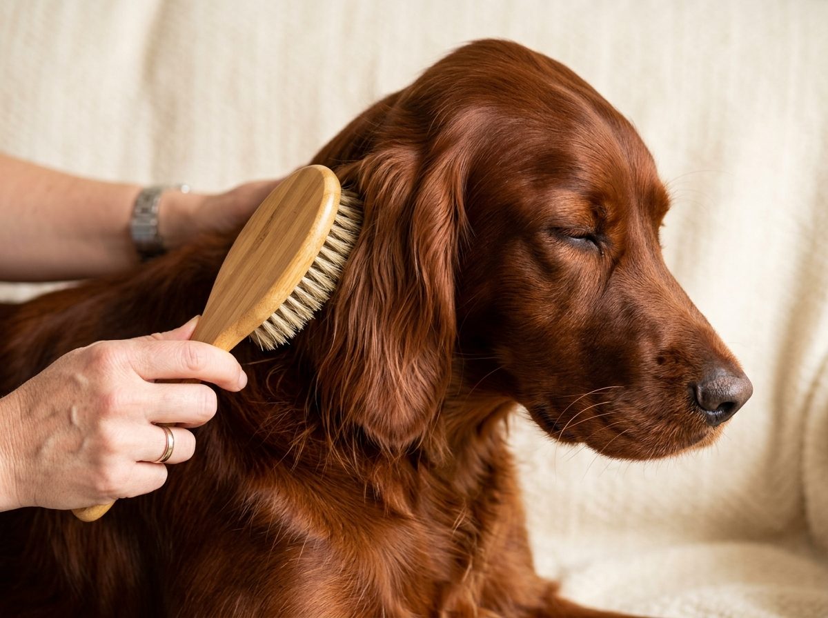 Un setter irlandais au poil brillant se fait brosser