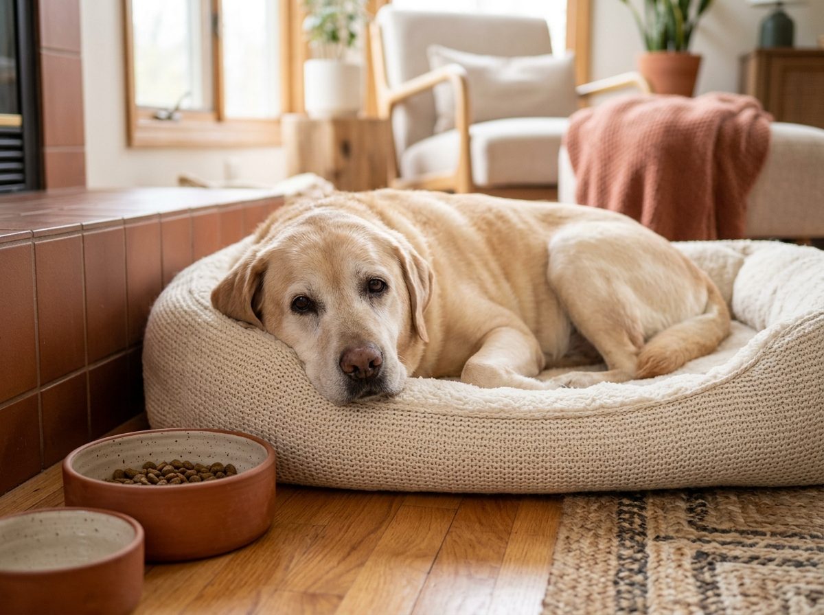 Un labrador senior au museau gris se repose sur son coussin