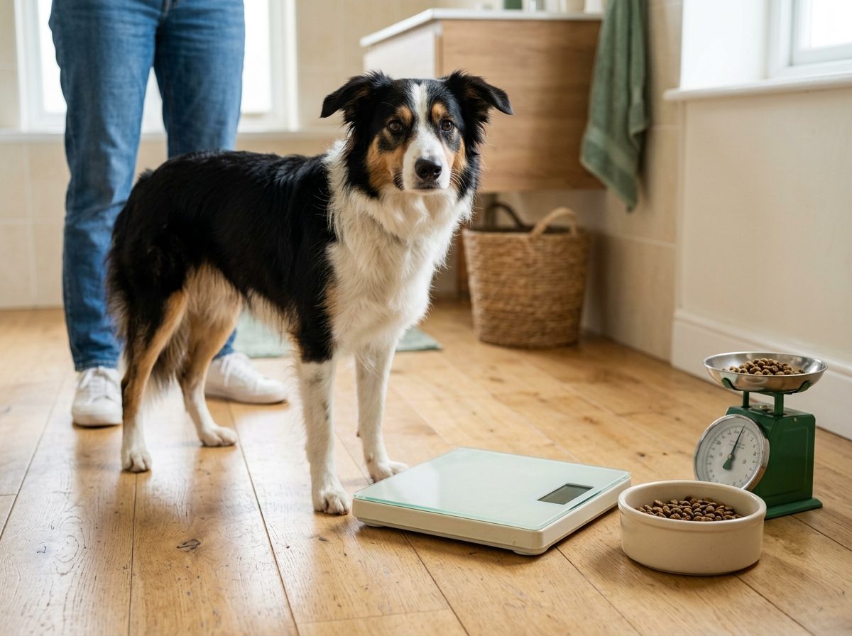 Un chien près d'une balance et d'une ration de croquettes pesée