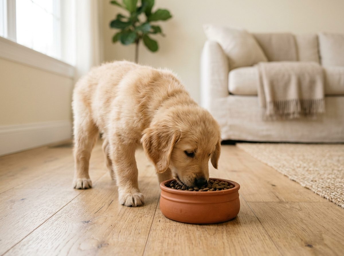 Un chiot golden retriever mange des croquettes dans une gamelle en terre cuite