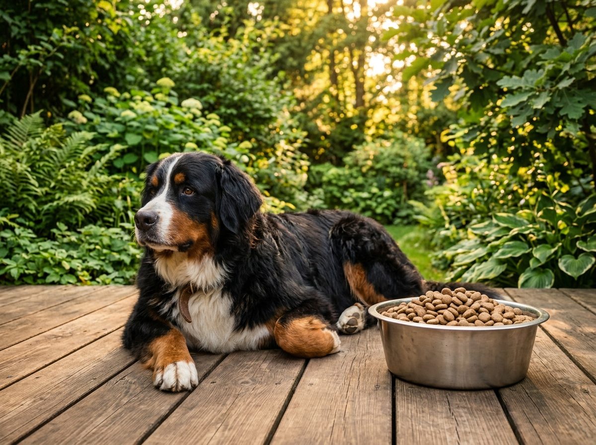Un bouvier bernois allongé près d'une grande gamelle de croquettes