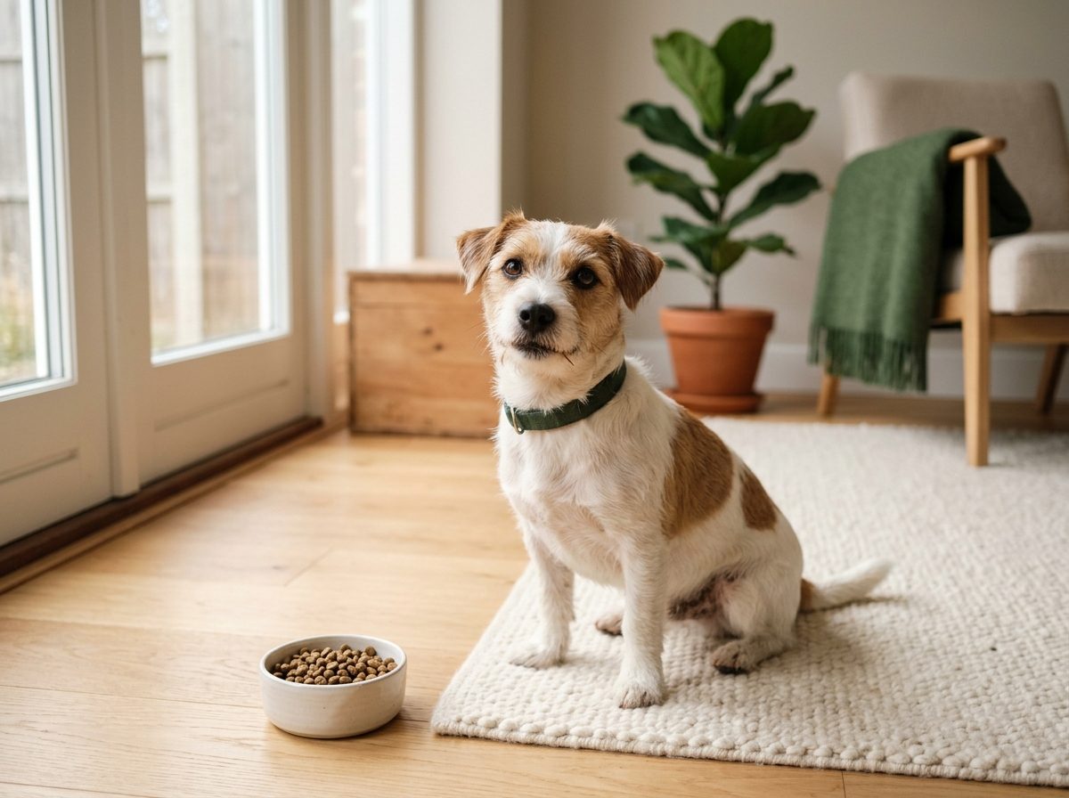 Un petit chien assis à côté de sa gamelle de petites croquettes